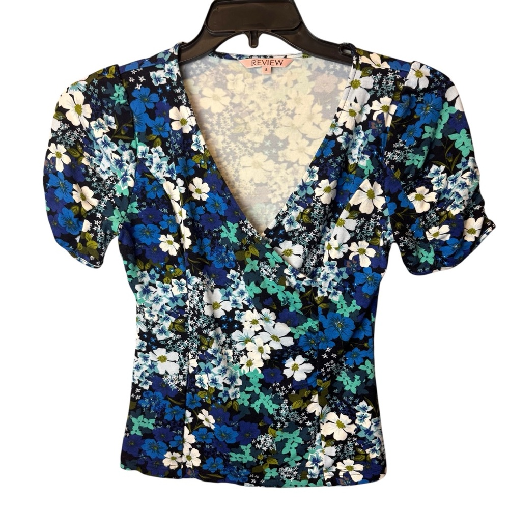 Review Australia Floral V-Neck Faux Wrap Top Blue 8